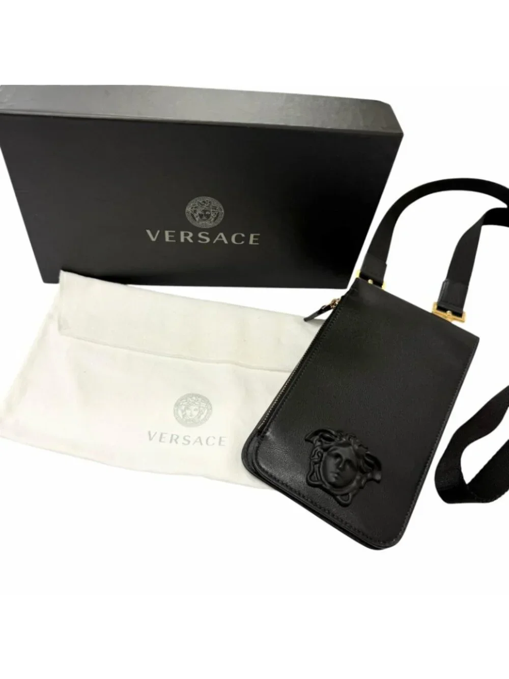 Versace Versa Leather Medu Samochi Shoulder Bag Neck Wallet Black